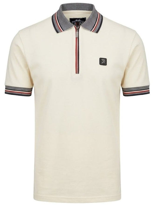 Trojan Records Oxford Collar Pique Zip Polo Shirt Ecru