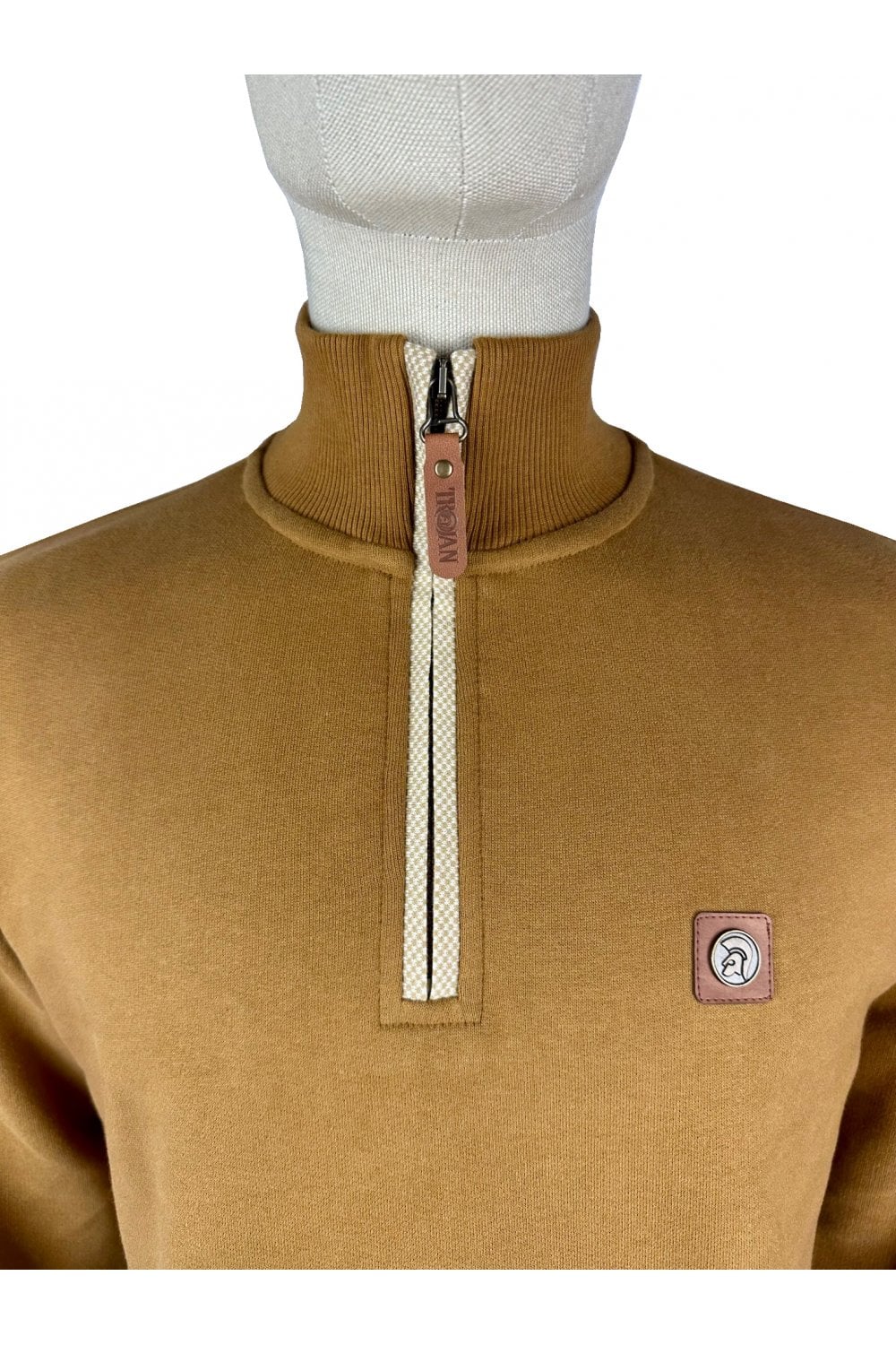 Trojan Records Jacquard Trim 1/4 Zip Sweatshirt Tan