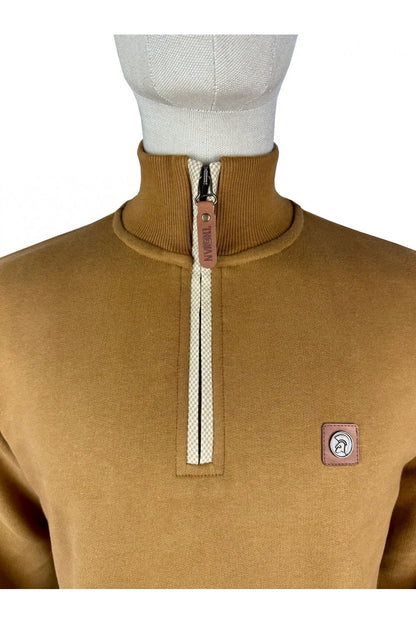 Trojan Records Jacquard Trim 1/4 Zip Sweatshirt Tan