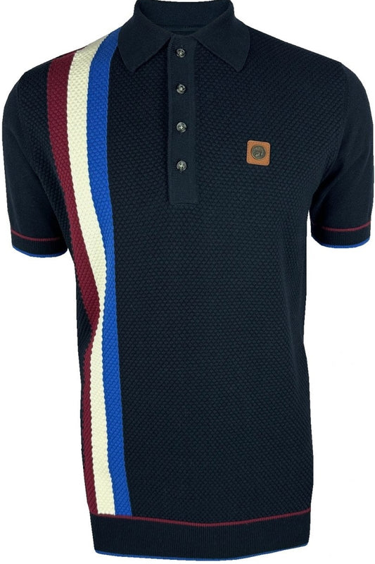 Trojan Records Fine Gauge Knit Racing Stripe Polo Navy