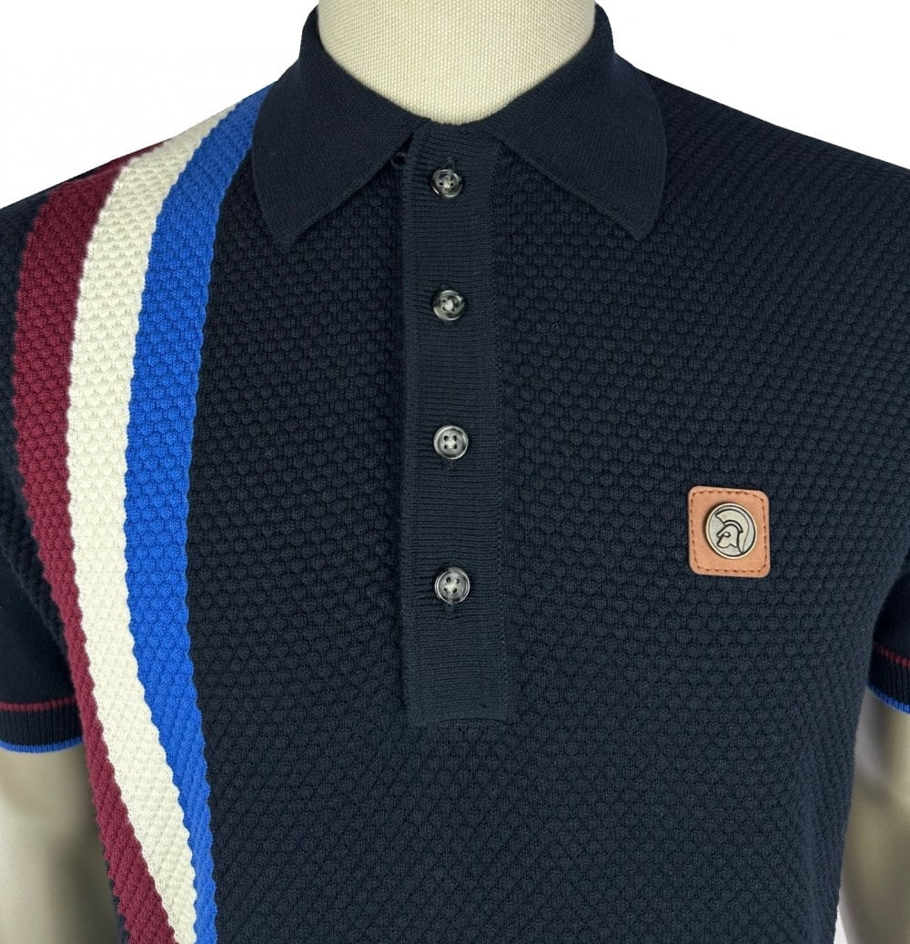 Trojan Records Fine Gauge Knit Racing Stripe Polo Navy