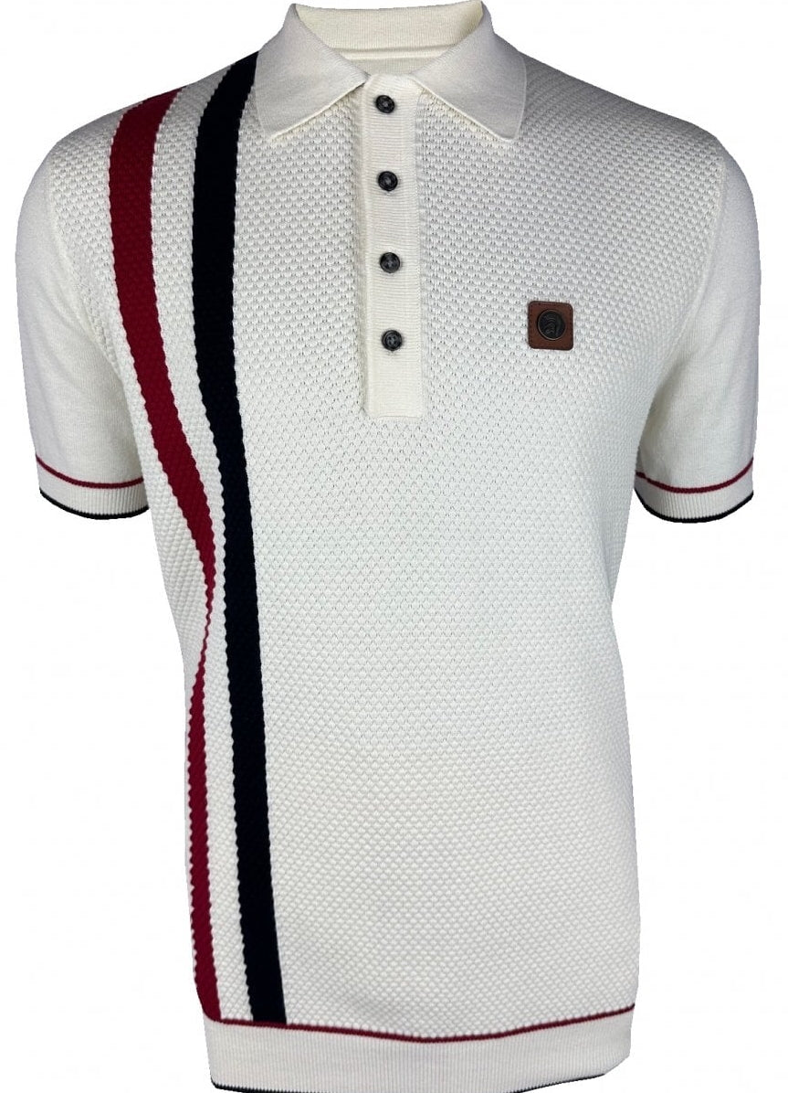 Trojan Records Fine Gauge Knit Racing Stripe Polo Ecru