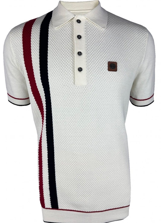 Trojan Records Fine Gauge Knit Racing Stripe Polo Ecru