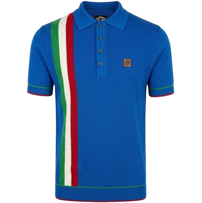 Trojan Records Fine Gauge Knit Racing Stripe Polo Cobalt