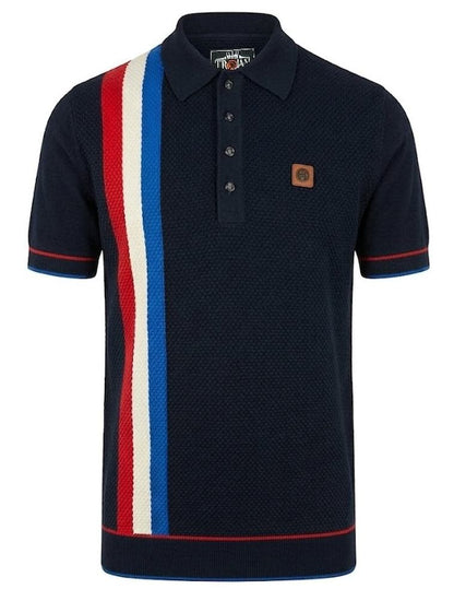 Trojan Records Fine Gauge Knit Racing Stripe Polo Navy