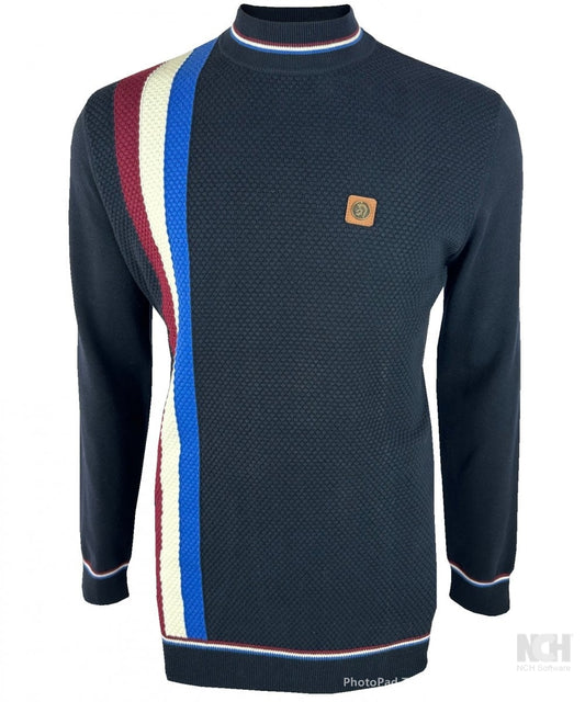 Trojan Records Fine Gauge Knit Racing Stripe Turtle Neck Navy