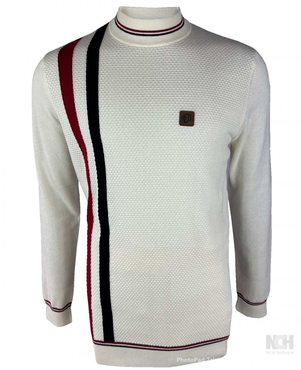 Trojan Records Fine Gauge Knit Racing Stripe Turtle Neck Ecru