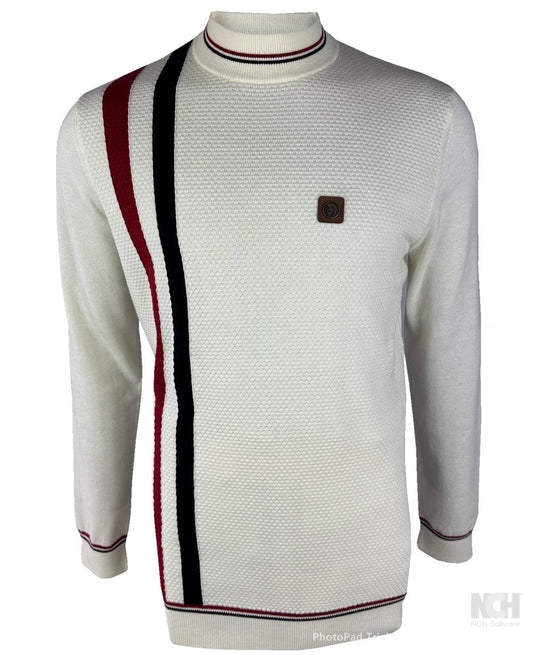 Trojan Records Fine Gauge Knit Racing Stripe Turtle Neck Ecru