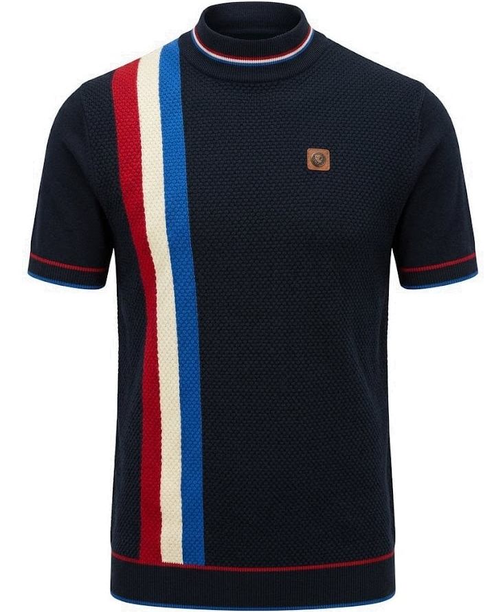 Trojan Records Fine Gauge Knit Racing Stripe Turtle Neck Navy