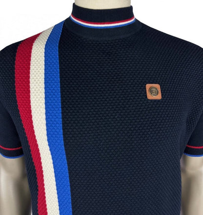 Trojan Records Fine Gauge Knit Racing Stripe Turtle Neck Navy