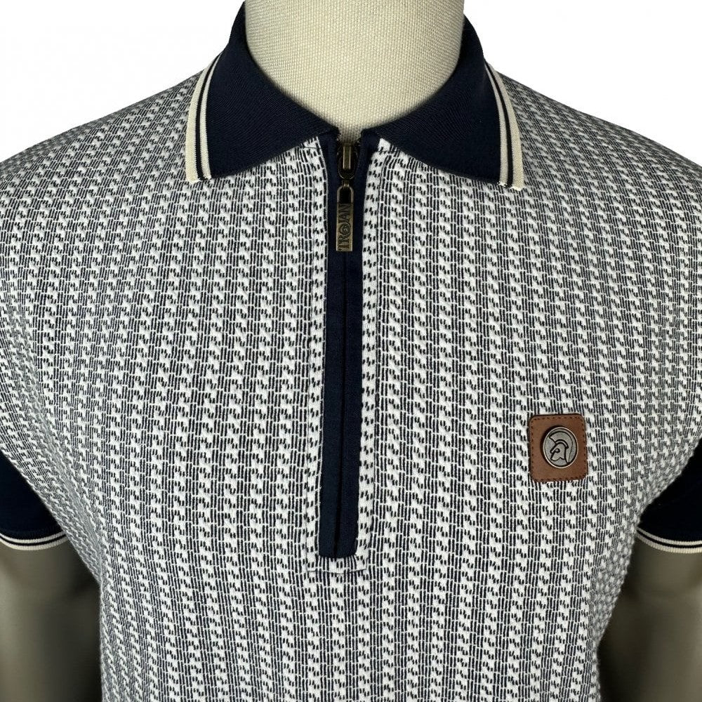 Trojan Records Houndstooth Panel Zip Polo Navy