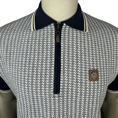 Trojan Records Houndstooth Panel Zip Polo Navy