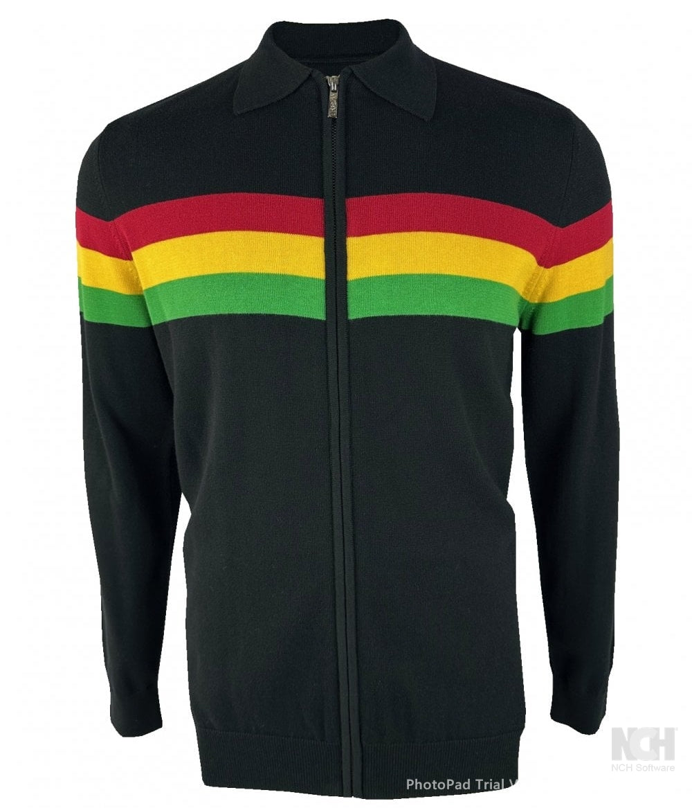 Trojan Records Fine Gauge Knit Chest Stripe Zip Cardigan Black