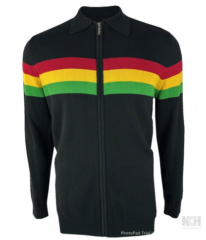Trojan Records Fine Gauge Knit Chest Stripe Zip Cardigan Black