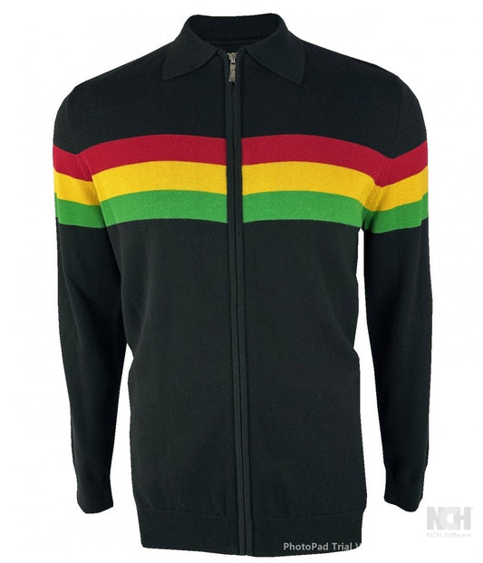 Trojan Records Fine Gauge Knit Chest Stripe Zip Cardigan Black