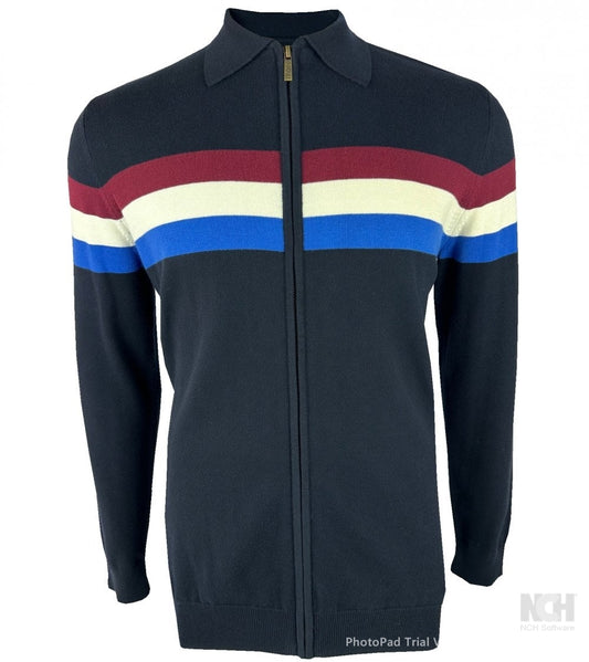 Trojan Records Fine Gauge Knit Chest Stripe Zip Cardigan Navy