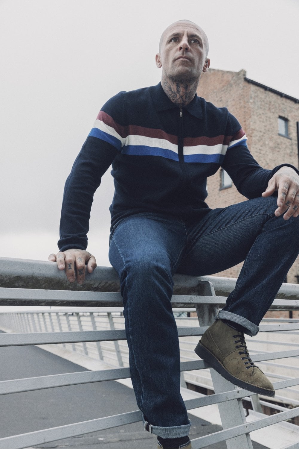 Trojan Records Fine Gauge Knit Chest Stripe Zip Cardigan Navy
